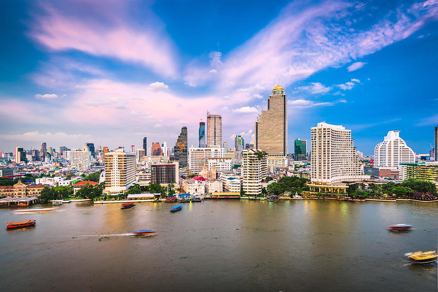 Boat Photograph - Bangkok, Thailand Cityscape #2 by Sean Pavone