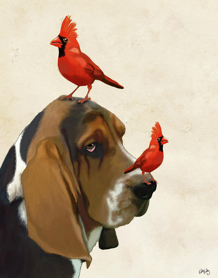 Animal Painting - Basset Hound And Birds #2 by Fab Funky