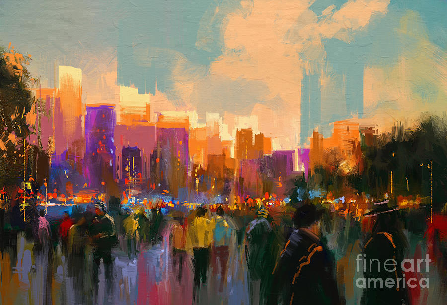 City Digital Art - Beautiful Painting Of People In A City by Tithi Luadthong