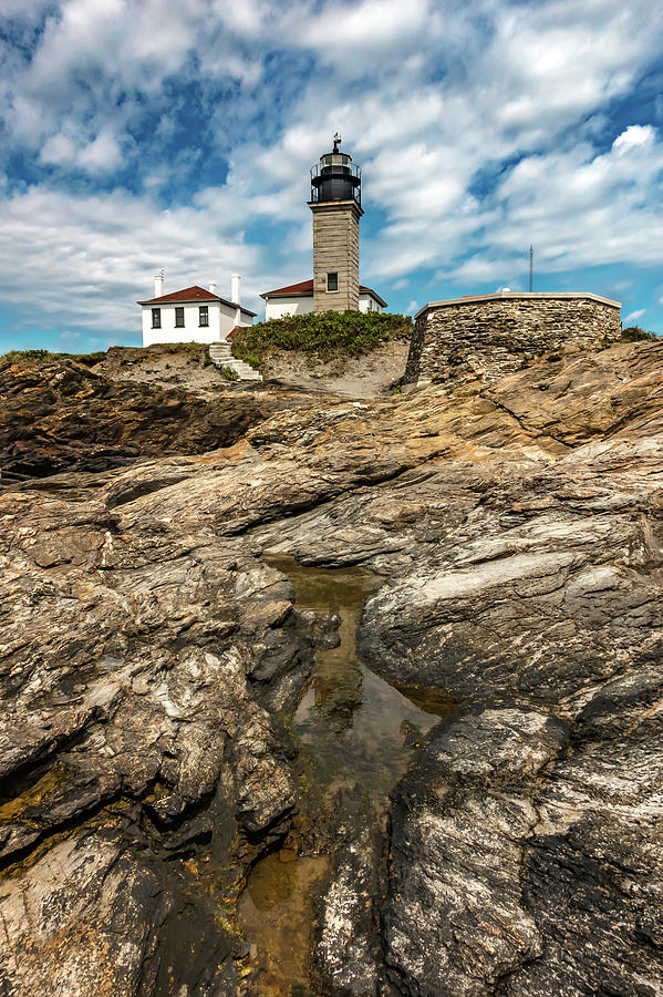 Beavertail Lighthouse Over Unique Rock Formation #2 Photograph by Alex Grichenko