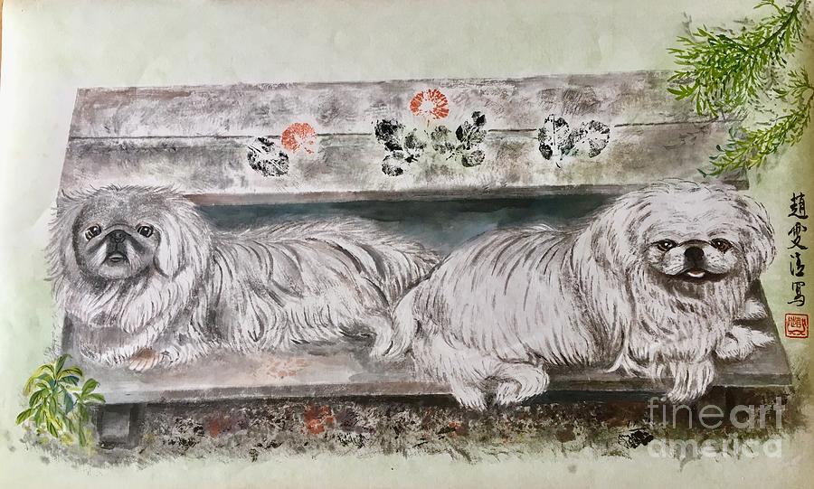 Two Pekes Dogs Painting by Carmen Lam
