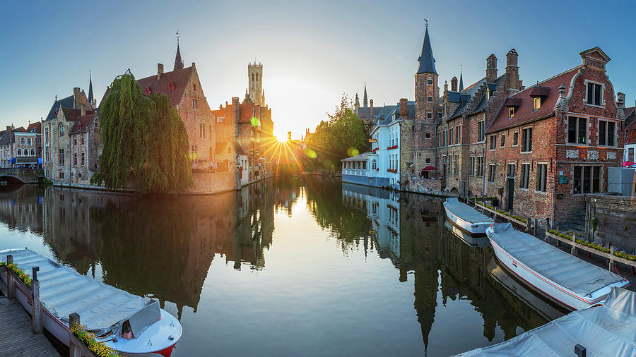 Belgium, Flanders, Bruges, Benelux, Quay Of The Rosary (rozenhoedkaai), Typical Houses On The Canal And Belfry Tower #2 Digital Art by Luigi Vaccarella