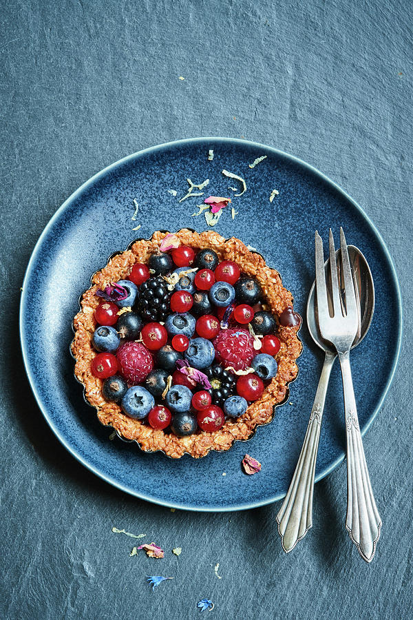 Berry Tart With Oatmeal And A Peanut Base #2 Photograph by Brigitte Sporrer