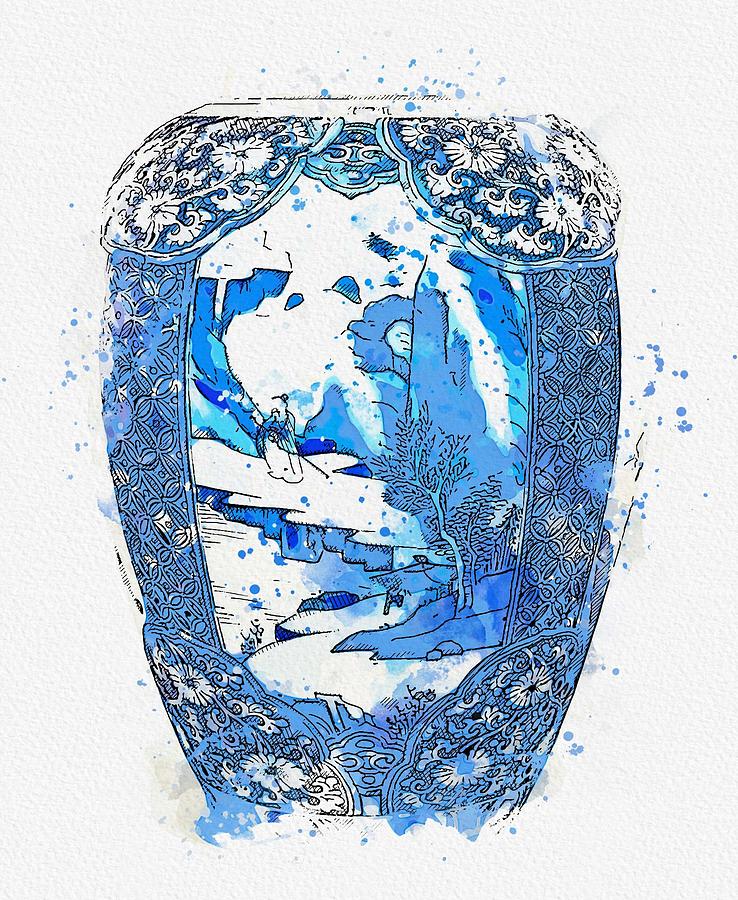 BLUE AND WHITE  MAKARA JAR watercolor by Ahmet Asar #2 Painting by Celestial Images
