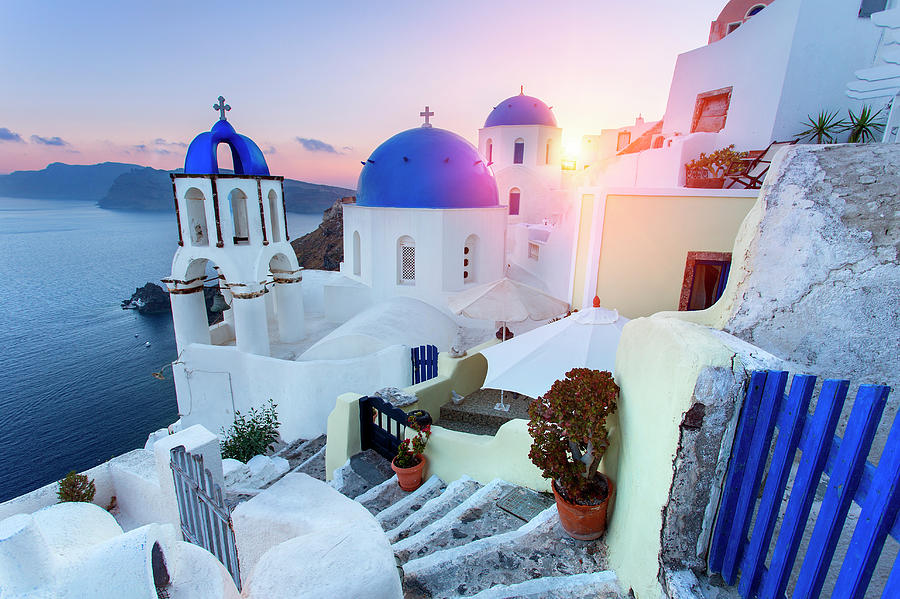 Blue Domed Churches At Sunset, Oia #2 Photograph by Sylvain Sonnet