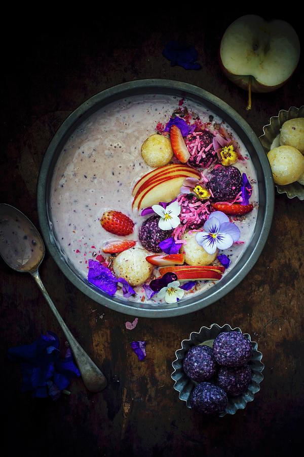 Blueberry Smoothie Bowl With White And Dark Chocolate Balls #2 Photograph by Ghosh