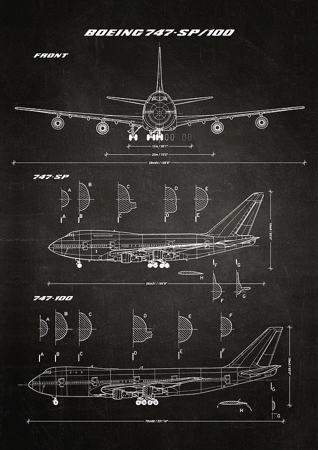 Boeing 747-SP and 747-100 Blueprint - black Drawing by Ryan Steven Horowitz...