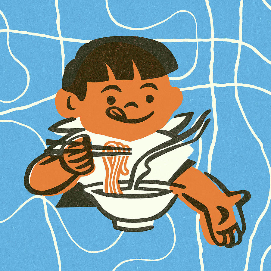 Vintage Drawing - Boy Eating Noodles #2 by CSA Images