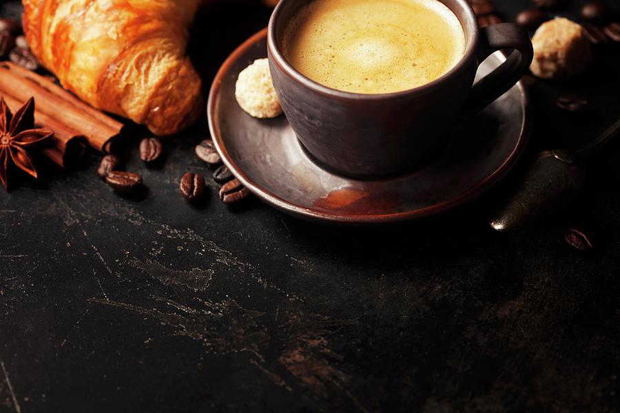 Breakfast With Fresh Coffee And Croissants #2 Photograph by Natalia Klenova