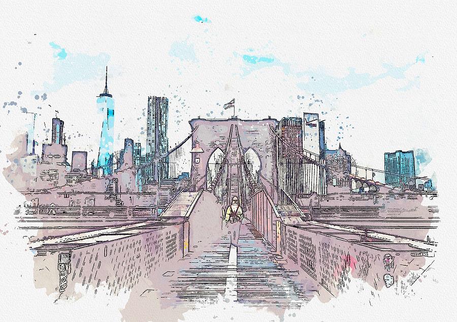 Architecture Painting - Bridge to Manhattan, USA watercolor by Ahmet Asar #2 by Celestial Images