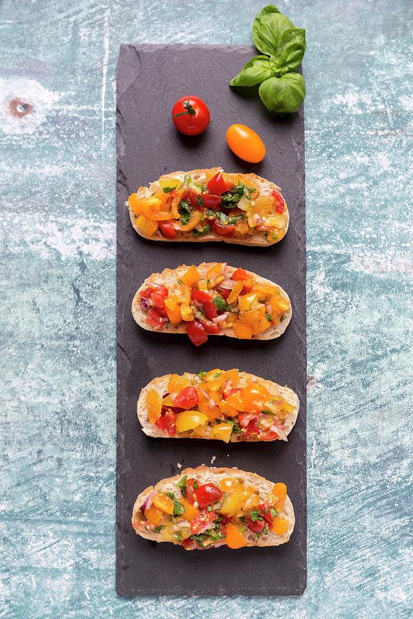 Bruschetta With Colourful Tomatoes And Basil #2 Photograph by Sandra Rsch