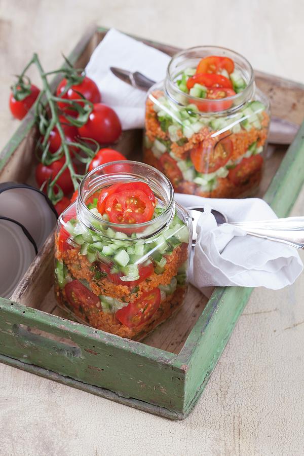 Bulgur Wheat Salad With Pomegranate Syrup, Onions, Cucumber, Tomatoes, Parsley And Mint In A Glass Jar #2 Photograph by Elisabeth Von Plnitz-eisfeld