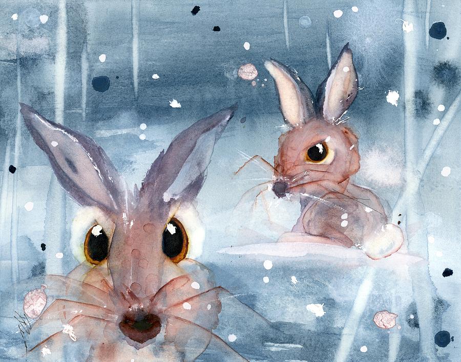 2 Bunnies in the Snow Painting by Dawn Derman