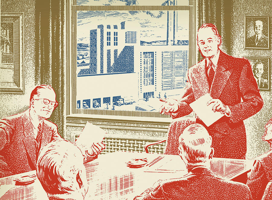 Vintage Drawing - Businessmen in a Meeting #2 by CSA Images
