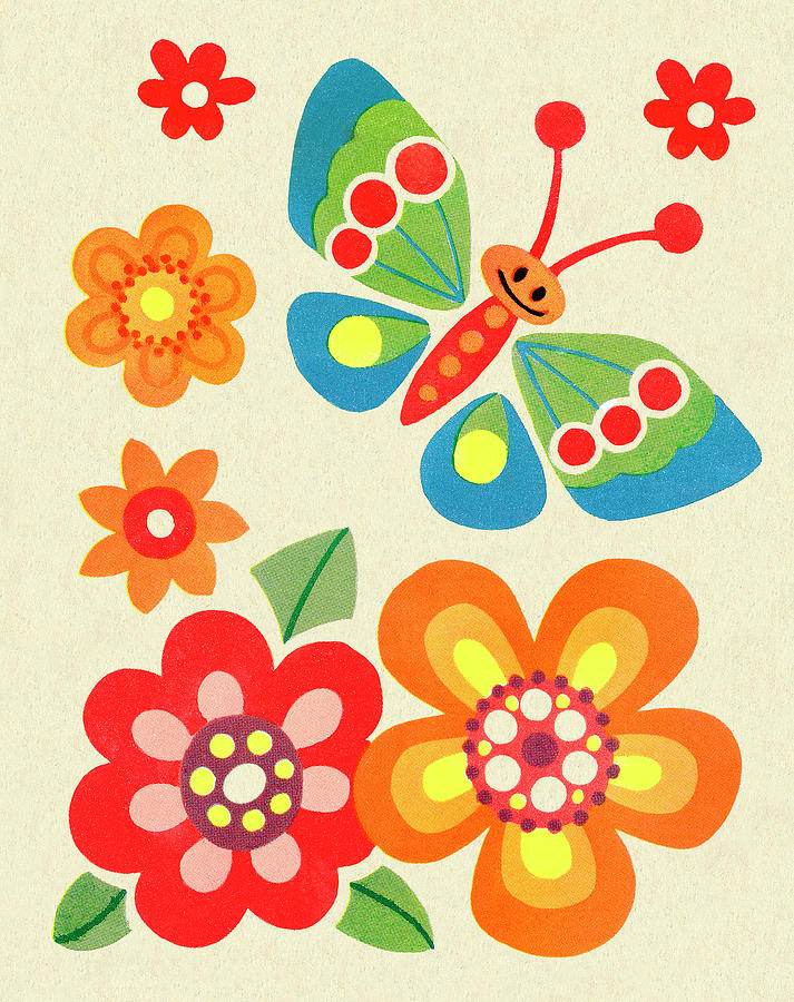 Butterfly Drawing - Butterfly and Flowers #2 by CSA Images