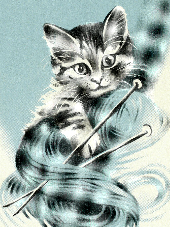 Vintage Drawing - Cat and Yarn #2 by CSA Images