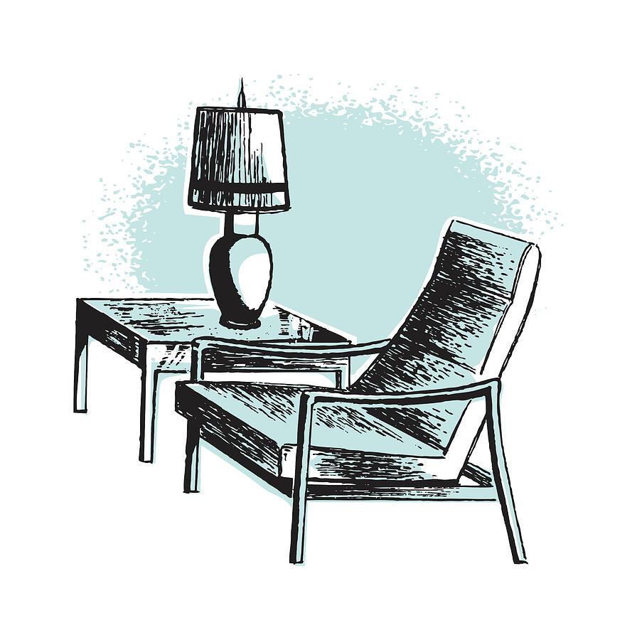 Vintage Drawing - Chair Table and Lamp #2 by CSA Images