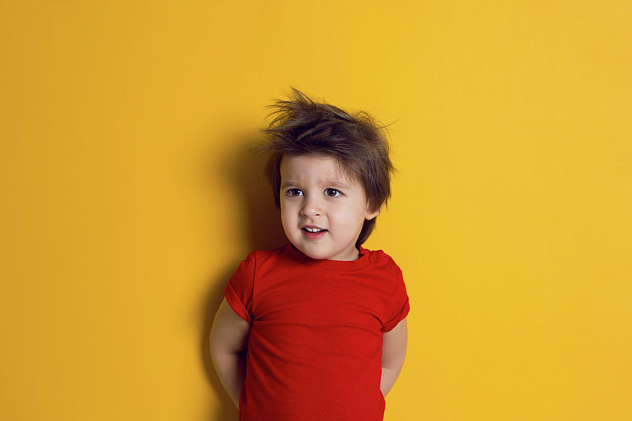 Cheerful Baby Boy In Red T-shirt Stands Photograph