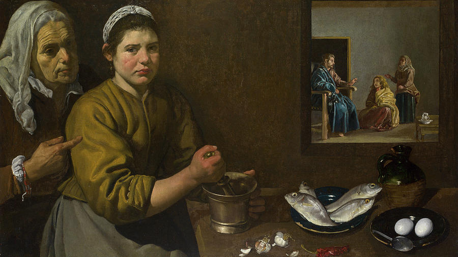 Fish Painting - Christ in the House of Martha and Mary #2 by Diego Velazquez
