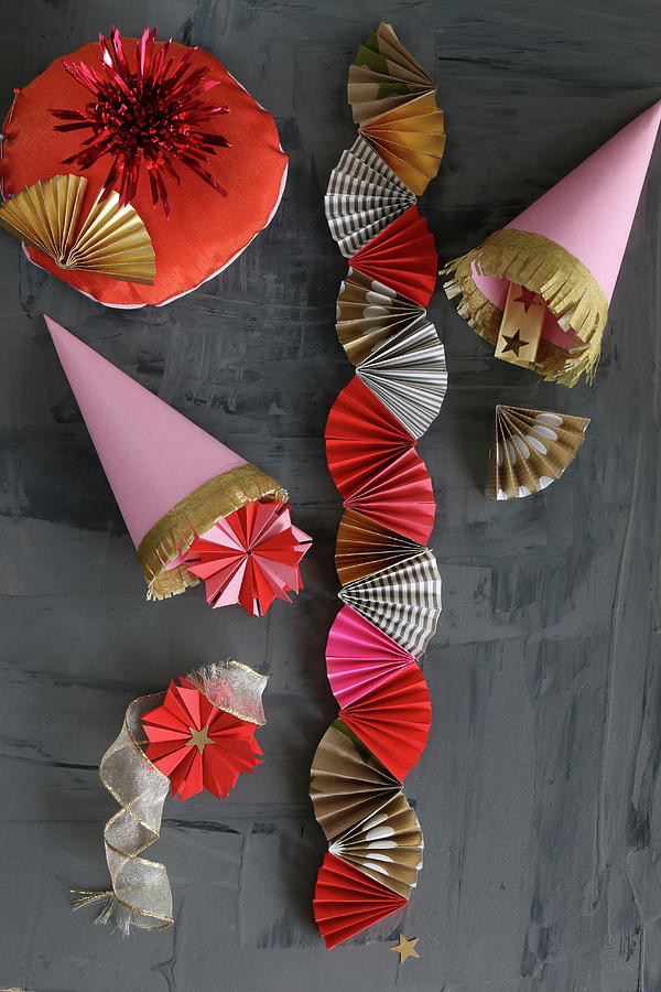 Christmas Decorations Hand-made From Pink, Red And Gold Paper #2 Photograph by Regina Hippel