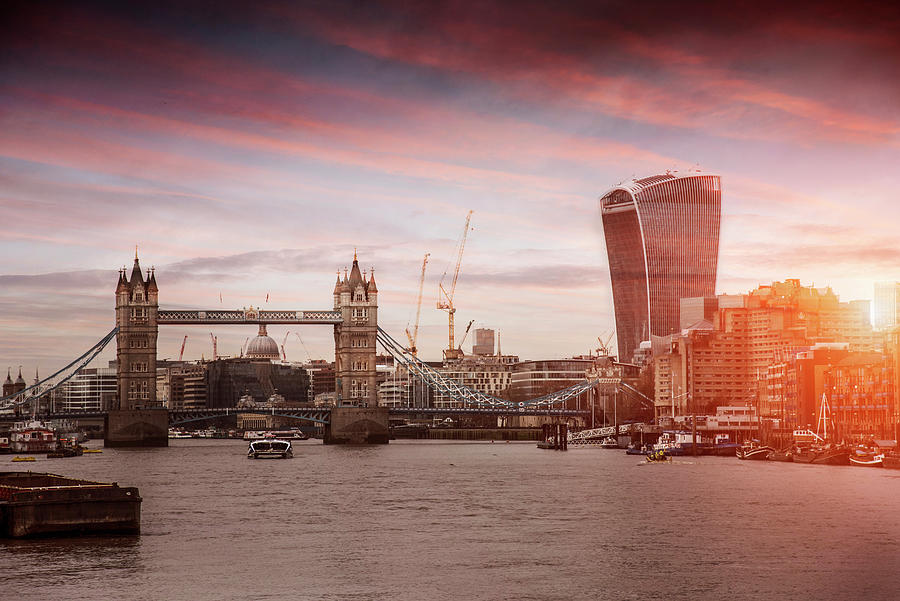 Architecture Digital Art - Cityscape Of London At Sunset, Showing Tower Bridge, The Walkie Talkie And The River Thames, London, England #2 by Walter Zerla
