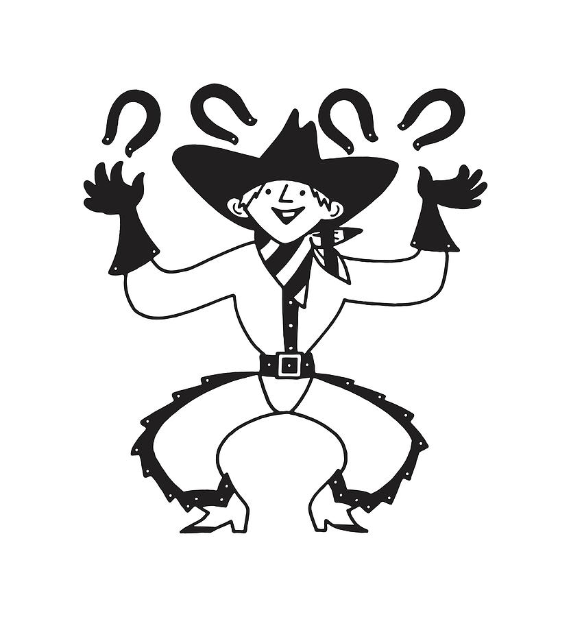 Black And White Drawing - Cowboy Juggling Horseshoes #2 by CSA Images