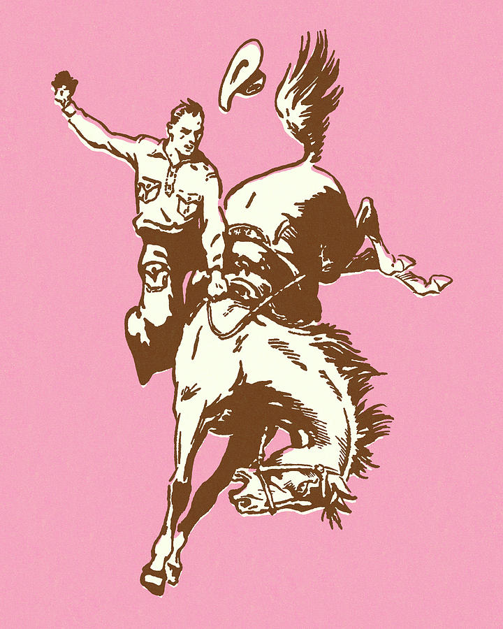 Vintage Drawing - Cowboy Riding a Bucking Bronco #2 by CSA Images