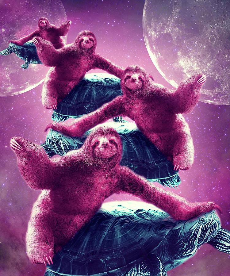 Crazy Funny Space Sloth Riding On Turtle Digital Art By Random Galaxy
