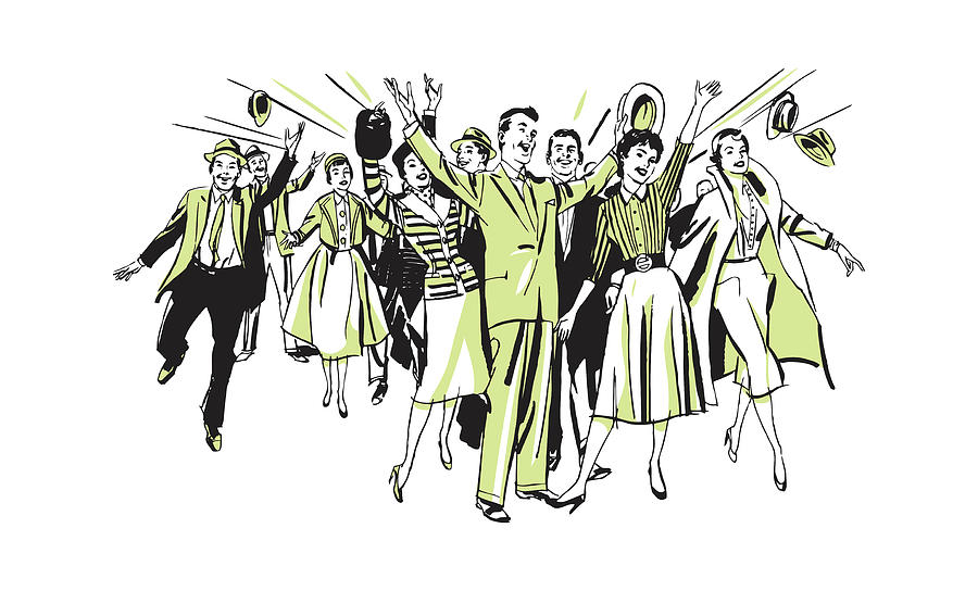 Vintage Drawing - Crowd of People Smiling with Hands in Air #2 by CSA Images