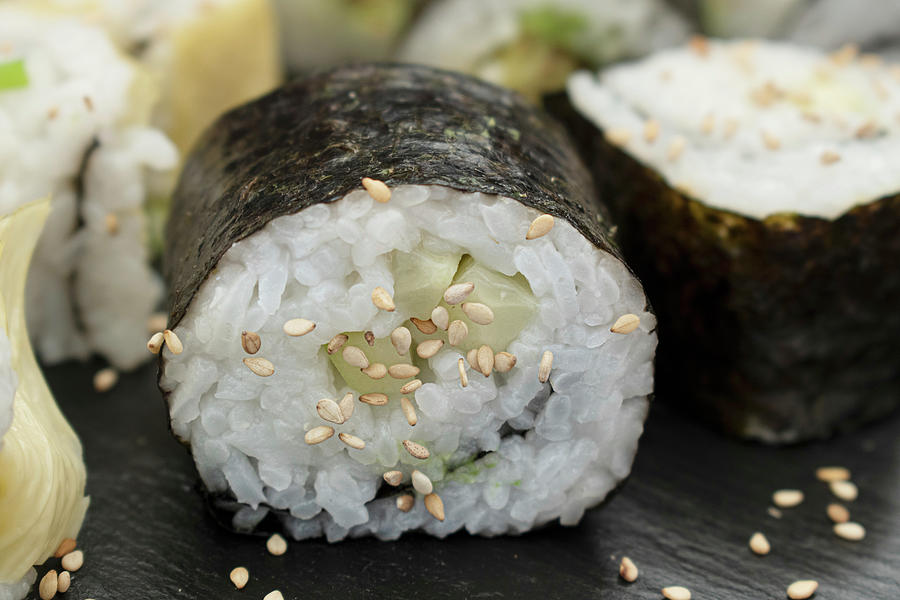Cucumber And Avocado Sushi Rolled In Seaweed And Yuba Skins #2 Photograph by Adelina