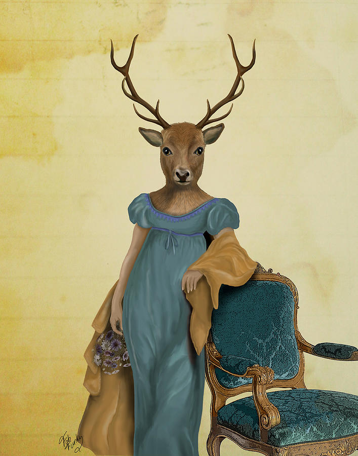 Animal Painting - Deer In Blue Dress #2 by Fab Funky