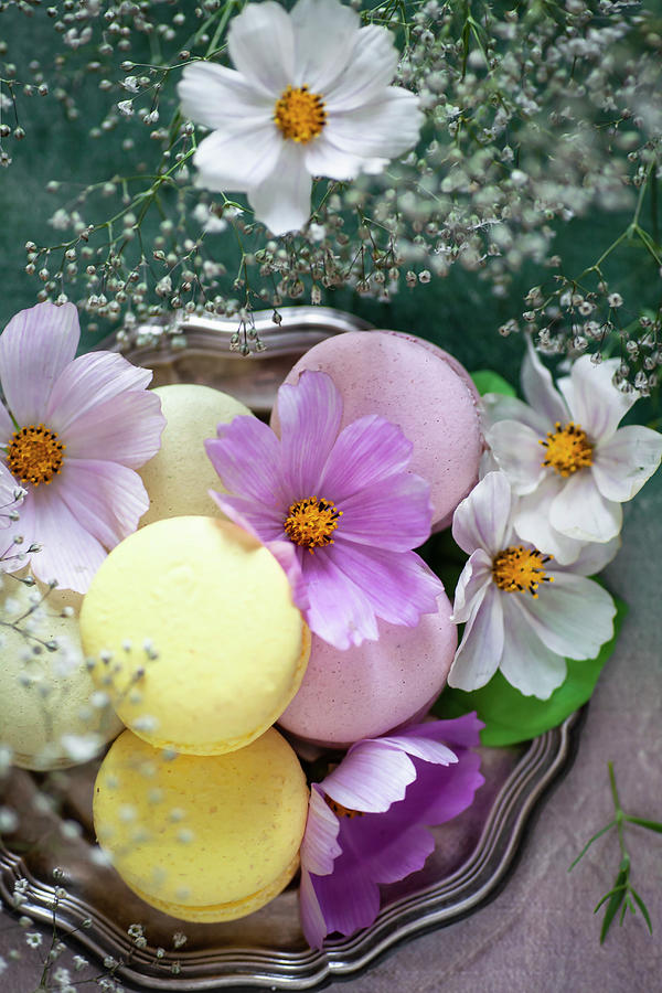 Different Colored Macarons Decorated With Flowers On A Silver Plate #2 Photograph by Alicja Koll