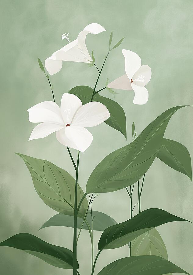 Elegant White Flowers On Green Background #2 Digital Art by Trendy Art Elegant White Flowers On Green Background #2 Digital Art by Trendy Art