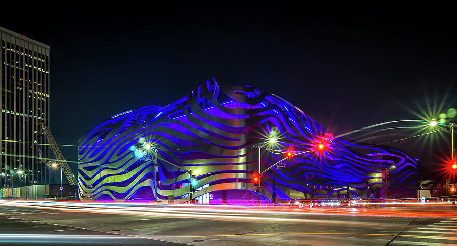 Exterior of Petersen Automotive Museum at night in november with #2 Photograph by Alex Grichenko