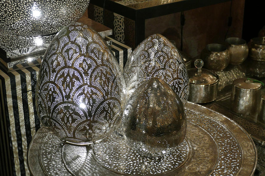 Filigree metal lamps in a shop in the medina  #2 Photograph by Steve Estvanik