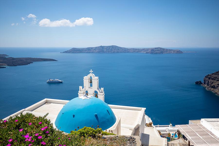 Greek Photograph - Fira And Blue Dome, Santorini, Greece #2 by Levente Bodo