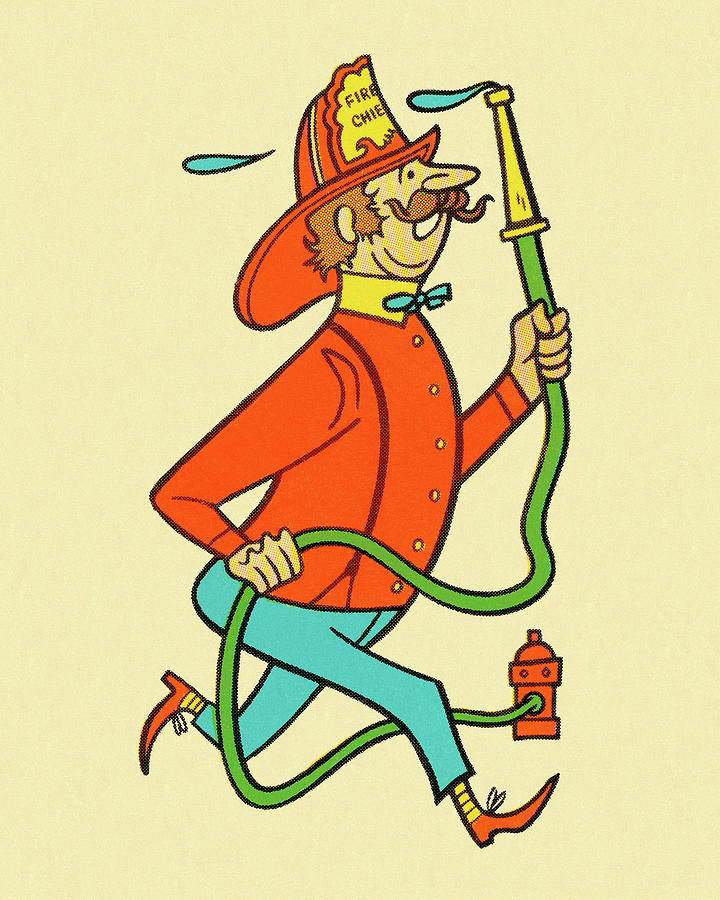 Vintage Drawing - Fireman Running With Hose #2 by CSA Images