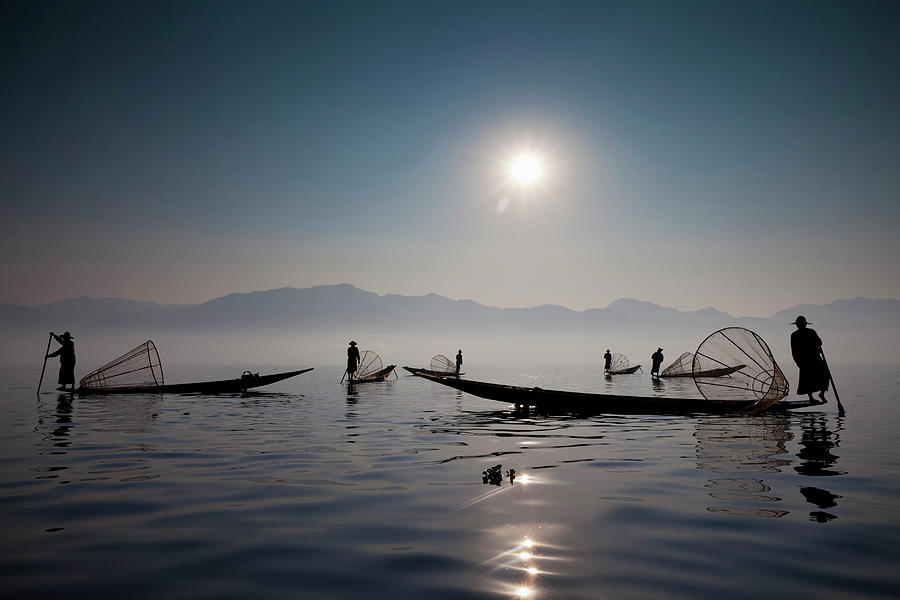 Fishermen On Inle Lake, Myanmar #2 Photograph by Mint Images - Art Wolfe