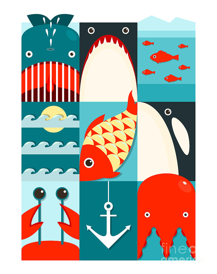 Octopus Digital Art - Flat Sea And Fish Rectangular Nautical by Popmarleo Octopus Digital Art - Flat Sea And Fish Rectangular Nautical by Popmarleo