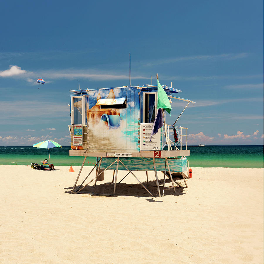 Florida, South Florida, Fort Lauderdale Beach, Lifeguard Station With Tourists Parasailing #2 Digital Art by Gabriel Jaime Jimenez