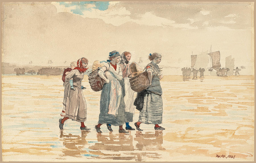 Four Fishwives on the Beach Drawing by Winslow Homer