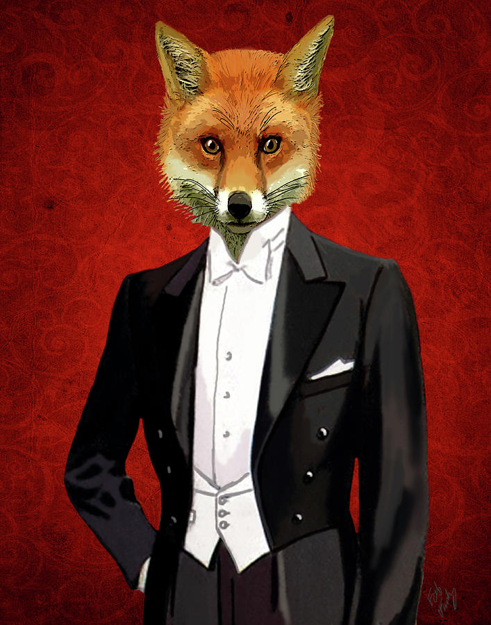 Animal Painting - Fox In Evening Suit Portrait #2 by Fab Funky