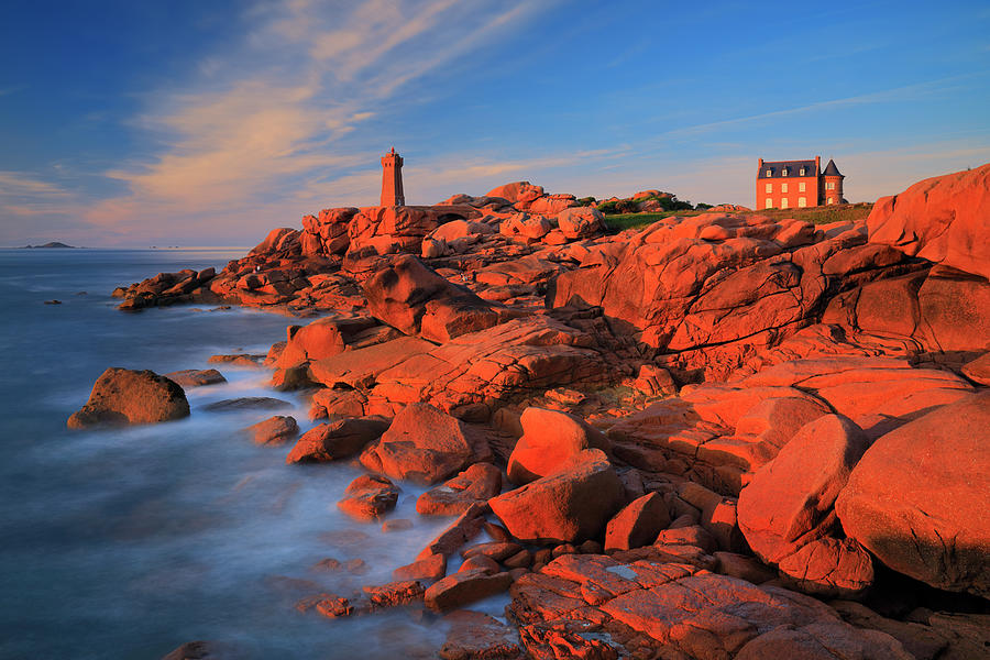 France, Brittany, Atlantic Ocean, English Channel, Cotes-darmor, Cote De Granit Rose, Ploumanach, Pink Granite Coast, Mean Ruz Lighthouse And Rock Formations In The Late Afternoon Light #2 Digital Art by Riccardo Spila