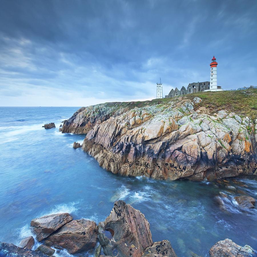 France, Brittany, Atlantic Ocean, Finistere, Brest, Brest Harbor, View Of The Saint Mathieu Lighthouse And Abbey, Near Le Conquet Village #2 Digital Art by Luigi Vaccarella
