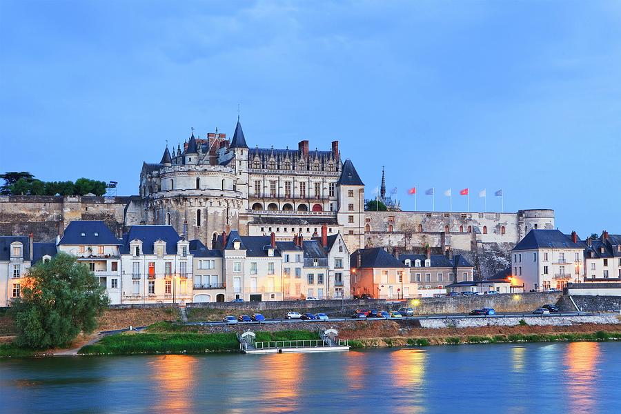 France, Centre, Loire Valley, Indre-et-loire, Amboise, Chateau Damboise, View Of The Town And Its Imposing Castle On The Loire River Illuminated At Dusk #2 Digital Art by Luigi Vaccarella