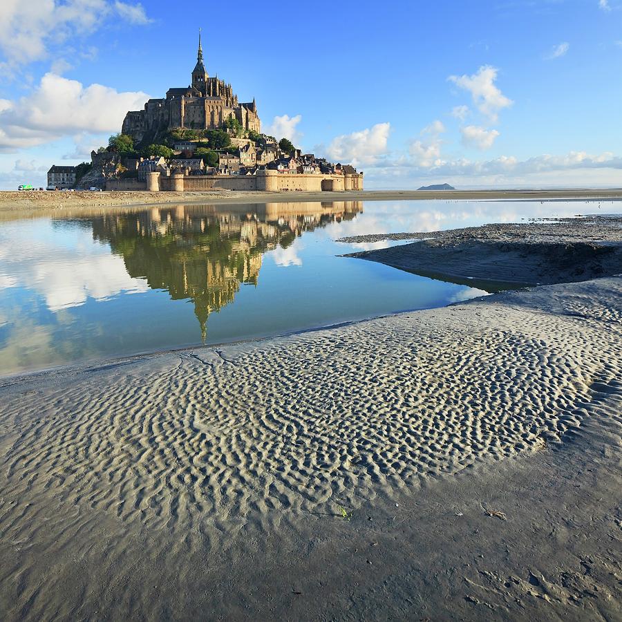 France, Normandy, Atlantic Ocean, English Channel, Basse-normandie, Mont Saint-michel Sunrise, Low Tide With Mont Saint-michel Reflecting In Tideway #2 Digital Art by Luigi Vaccarella