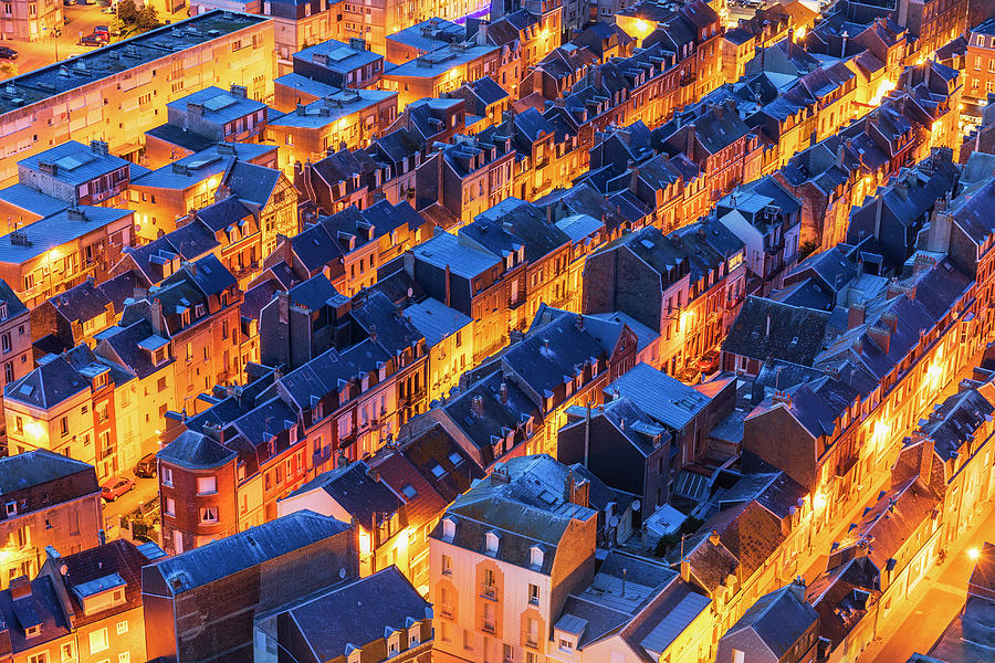 France, Normandy, Le Treport, Seine-maritime, Overhead View Of The Seaside Town Illuminated At Dusk #2 Digital Art by Luigi Vaccarella