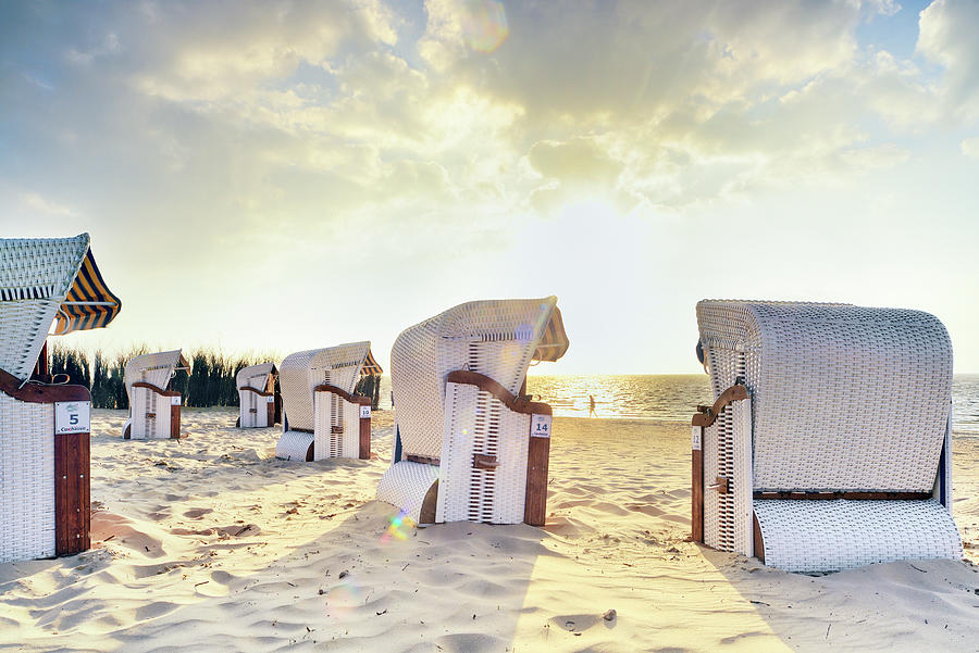 Germany, Lower Saxony, Cuxhaven, Typical Roofed Wicker Beach Chairs (strandkorb) On Duhnen Beach In Cuxhaven. #2 Digital Art by Francesco Carovillano