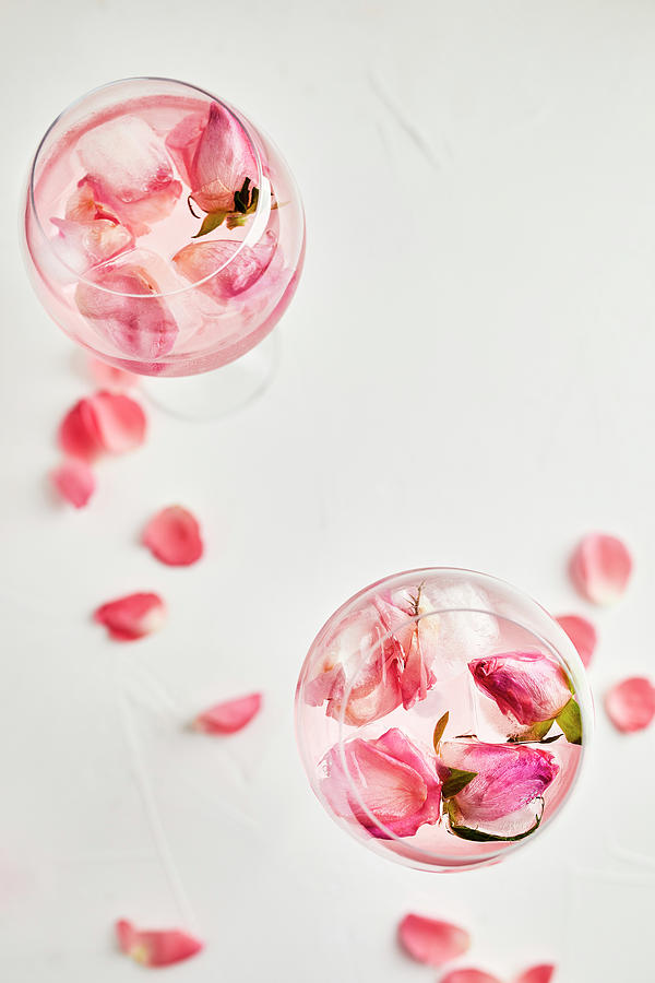 Gin And Tonic Cocktail With Rose Infused Tonic And Frozen Roses #2 Photograph by Natasa Dangubic