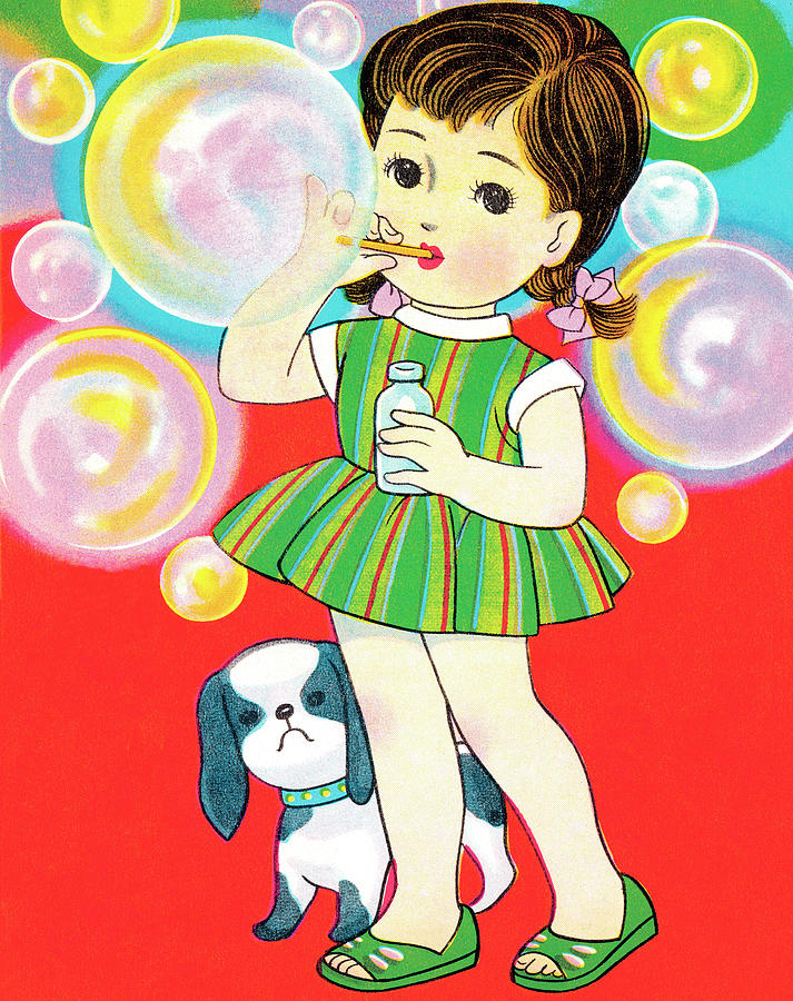 Vintage Drawing - Girl blowing bubbles #2 by CSA Images